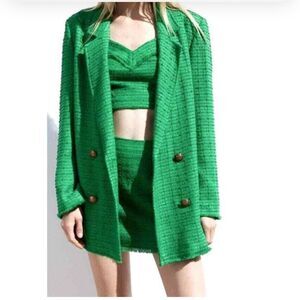 Zara Tweed Oversized Blazer Textured Double Breasted Size Large in Green Blogger